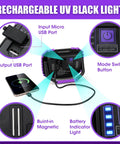 Back view of Two Pack Rechargeable Black Light 395nm Ultraviolet Flood Light with USB ports and battery indicator