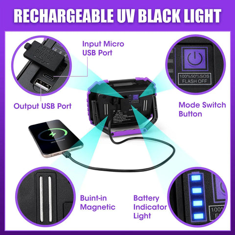 Back view of Two Pack Rechargeable Black Light 395nm Ultraviolet Flood Light with USB ports and battery indicator