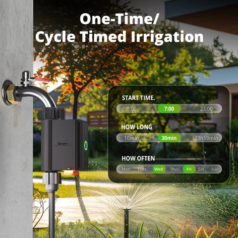 Zigbee Sprinkler Timer With Gateway Required, Smart Irrigation Controller mounted outdoors with interface display, garden watering.