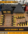 84 Piece Magnetic Screwdriver Set With Quick Store Rack And Tray For DIYers Includes Precision Screwdrivers Ratchet Handle Nut Drivers And Bit Set Crafted From Durable Chromium Vanadium Steel A Smart Gift Idea displayed on a workbench.
