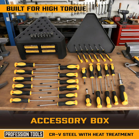 84 Piece Magnetic Screwdriver Set With Quick Store Rack And Tray For DIYers Includes Precision Screwdrivers Ratchet Handle Nut Drivers And Bit Set Crafted From Durable Chromium Vanadium Steel A Smart Gift Idea displayed on a workbench.