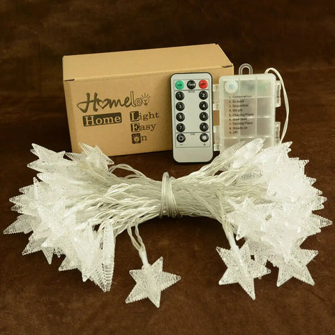 Warm White 50 LED Five Point Star Fairy Lights With Remote Control Battery Powered String Lights