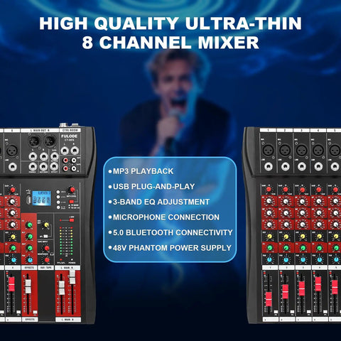Image of Eight Channel DJ Mixer for Home Studio and Live Gigs with Bluetooth and USB MP3 Playback Pro EQ XLR Inputs.