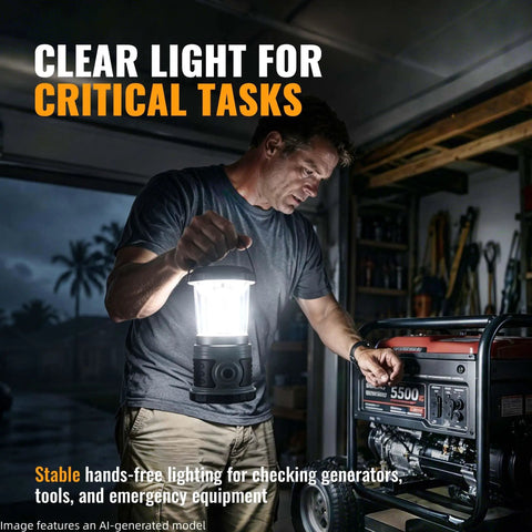 Man using Beast 1500 Lumen LED Camping Lantern With 4 D Batteries Included Battery Powered Lantern Flashlight indoors for work
