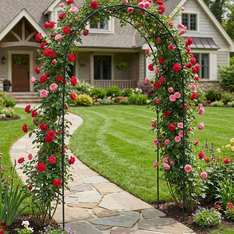 Outdoor Flower Garden Arch Trellis 7.8 Ft High By 4.6 Ft Wide Metal Garden Pergola Arbor with blooming roses in yard