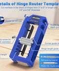 Adjustable Door Hinge Jig And Router Template For 3 To 5 Inch Hinges showcasing hinge length guides and router bit storage.