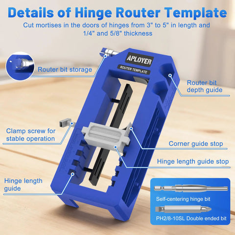 Adjustable Door Hinge Jig And Router Template For 3 To 5 Inch Hinges showcasing hinge length guides and router bit storage.