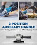 DongCheng blue 4-1/2 inch angle grinder with two-position auxiliary handle for cutting and grinding metal.
