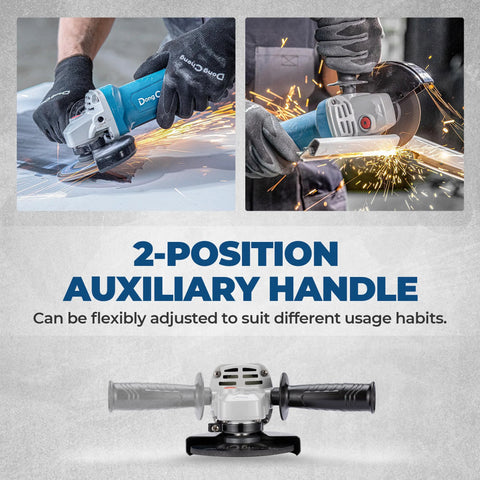 DongCheng blue 4-1/2 inch angle grinder with two-position auxiliary handle for cutting and grinding metal.
