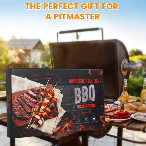 Grill Gear Set With 4-In-1 Spatula, Fork, Tongs And Brush, 10 Skewers, BBQ gift kit displayed with grilled food and drinks outdoors