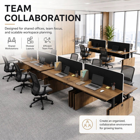 Built Slick Electric Double Standing Desk With Independent Dual Motors And Easy USB Connections, Featuring No Fuss Height Adjustments in a collaborative office setting.