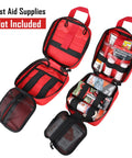 Front view of red LIVANS 1000D first aid bag with MOLLE panels and multiple internal pouches