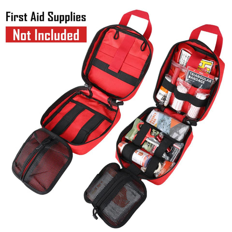 Front view of red LIVANS 1000D first aid bag with MOLLE panels and multiple internal pouches