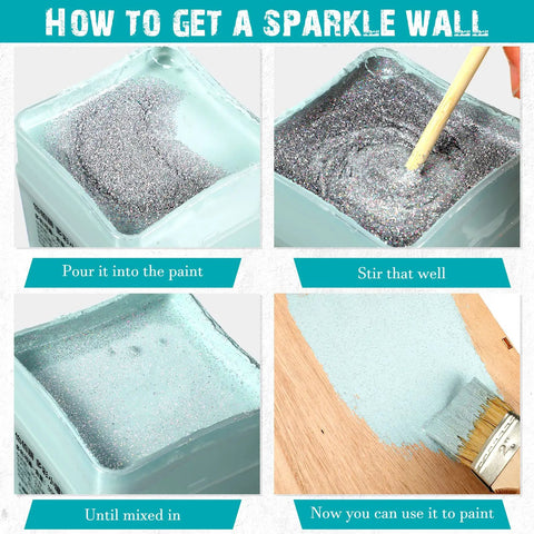 Steps for using 500G Silver Holographic Glitter Paint Additive for Interior Exterior Walls Ceilings Wood and Acrylic Crafts.