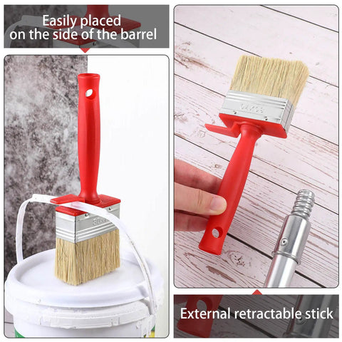 Three Piece Deck Stain And Sealer Brush Set for Wood showing red-handled brush with retractable stick on deck surface.