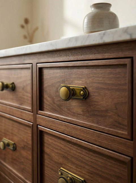 Antique Brass Cabinet Knobs With Industrial Backplates on wooden dresser for rustic farmhouse vibe