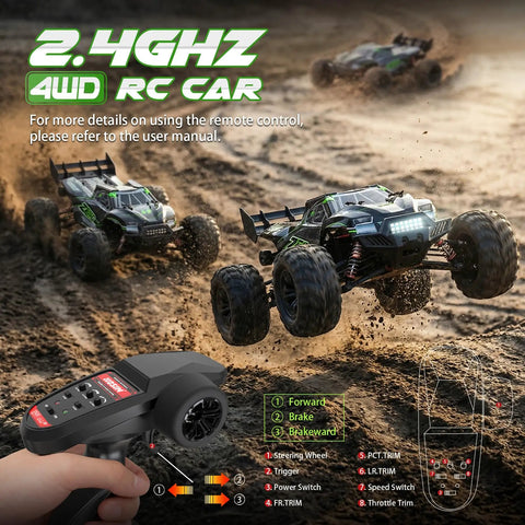 Brushless 1/10 Scale RC Car For Adults With 4x4 All Terrain Off Road Beast racing on dirt, remote control and features displayed