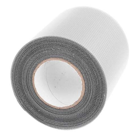 Window Screen Repair Tape 80mm By 9.15m Transparent Self Adhesive Mesh Patch, roll view, gray mesh material for screens.