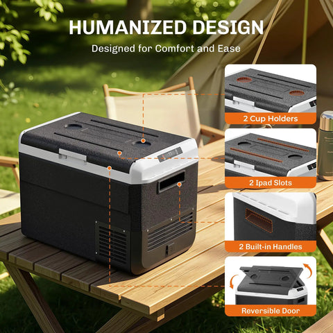 12 Volt Refrigerator With 54 Quart Capacity Portable Freezer Electric Cooler Includes Ac Dc Cords For Road Trips And Camping humanized design with cup holders and iPad slots on camping table