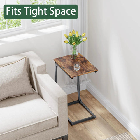Set Of 2 C Shaped End Tables For Couch With Curved Legs Space Saving Under Sofa Side Tables Slide Under Sofa Or Bed TV Tray Table For Living Room And Bedroom Rustic Brown Finish Adjustable Feet beside sofa in living room