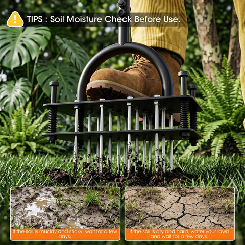 Manual Lawn Aerator With 16 Sharp Spikes In 4x4 Layout Self Cleaning Core Aerator used on soil in garden