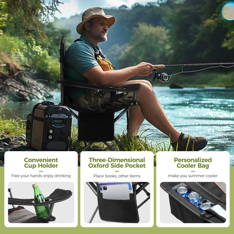 Man fishing while seated in a Heavy Duty Camping Chair With 500 Lbs Capacity, XXL Oversized, fully padded, with cooler bag and cup holder.