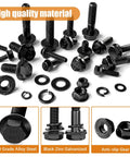Beefy Automotive Flange Bolts And Nuts Kit 10.9 Grade Alloy Steel With Full And Half Thread Options M6x1.0 M8x1.25 M10x1.5 From 12mm To 45mm Black Finish Hex Bolts Nuts And Washers For Engines And Heavy Duty Projects, showing black alloy steel bolts, nuts, and washers.