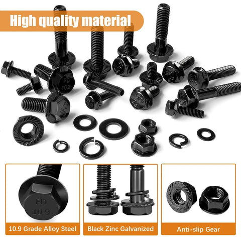 Beefy Automotive Flange Bolts And Nuts Kit 10.9 Grade Alloy Steel With Full And Half Thread Options M6x1.0 M8x1.25 M10x1.5 From 12mm To 45mm Black Finish Hex Bolts Nuts And Washers For Engines And Heavy Duty Projects, showing black alloy steel bolts, nuts, and washers.