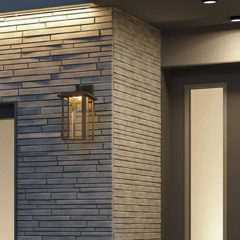 Seeded Glass Outdoor Wall Light With Dusk To Dawn Sensor, 1000 Lumens Of Warm 3000K Glow, 15.5 Inch Porch Lantern on brick wall