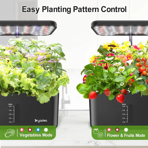 Indoor Hydroponics Growing System For Herbs And Vegetables, 10 Pod Kit With 24W Full Spectrum LED Lights, showing growth modes.