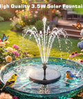 3.5W Solar Fountain Pump With Built In 1500mAh Battery, Bird Bath Fountain With 6 Nozzles, Floating Solar Water Pump For Bird Bath, Pond, Pool, Garden And Outdoor Use, featuring water spray in a garden bird bath with flowers and birds.