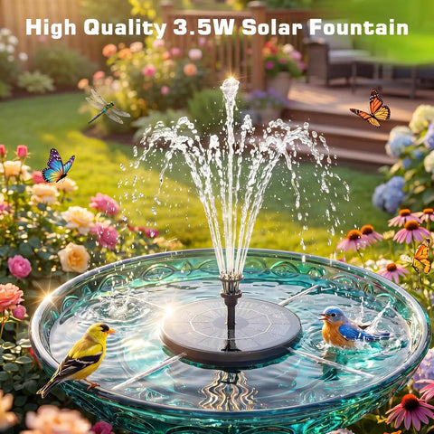 3.5W Solar Fountain Pump With Built In 1500mAh Battery, Bird Bath Fountain With 6 Nozzles, Floating Solar Water Pump For Bird Bath, Pond, Pool, Garden And Outdoor Use, featuring water spray in a garden bird bath with flowers and birds.