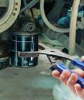 Oil Filter Wrench Set With 9 Inch And 12 Inch Adjustable Removal Pliers gripping automotive filter in engine bay