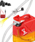 5 Gpm Cordless Fuel Transfer Pump With Auto Shut Off And Beep Alert, red gas can with flexible hose and quick swap adapters.
