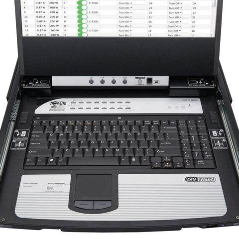 16 Port DisplayPort Kvm Switch Console Featuring 17 Inch Lcd Monitor Rackmount Touchpad And Keyboard on a black background.