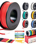 22 Gauge Stranded Wire Kit With Silicone Coated Copper Wires 23 Ft Per Spool Six Color Coded Set Black Red Yellow Green Blue White Pre Tinned Jumper Wire For Hobby Electronics And DIY Projects shown with spools and tools