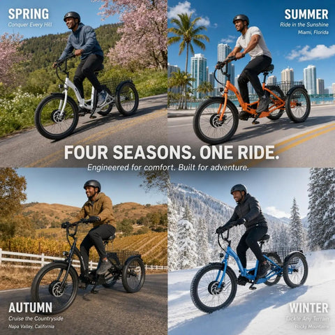 Folding Electric Tricycle For Adults With 3 Wheels 600W Peak Power 24 Inch Wheel 499Wh Battery Removable Battery LCD Display Rear Differential Basket Senior Friendly Easy Cruising Daily Neighborhood Rides in four-season riding scenes