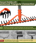 Heavy Duty Garden Rake With 17 Tempered Spring Steel Tines And 62 Inch Stainless Steel Adjustable Handle, bow rake head detail with reinforced triangular connection
