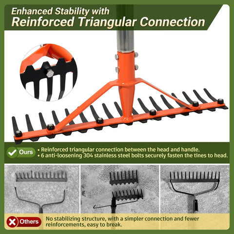 Heavy Duty Garden Rake With 17 Tempered Spring Steel Tines And 62 Inch Stainless Steel Adjustable Handle, bow rake head detail with reinforced triangular connection