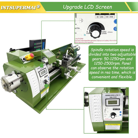 Intsuprm Mai 8 X 29.5 Inch Mini Metal Lathe Dual Chuck Double Head With Digital Readout Auto Feed showcasing adjustable spindle speed settings.
