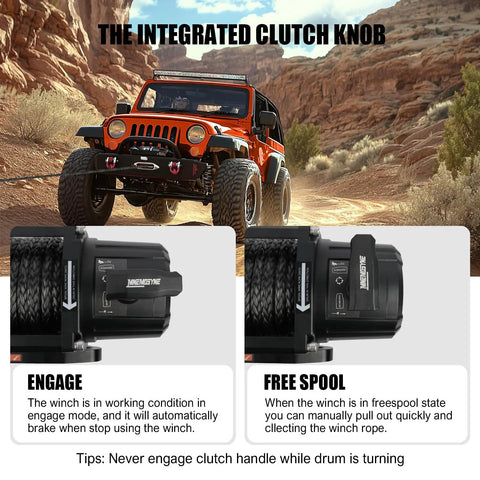Huge 13500 Lb Electric Winch Cranks Out Massive Power For Truck Recovery With Fast 6.4 Horsepower Motor and Synthetic Rope showcasing clutch knob features.