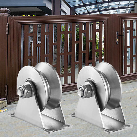 V Groove Gate Roller For Heavy Duty Sliding Gates With Double Bearings Stainless Steel Wheel And Solid Bracket Plate Casters