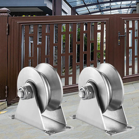 Heavy Duty Stainless Steel V Groove Gate Track Roller For Sliding Gates With Double Bearing Wheels Set Of 2 in front of gate