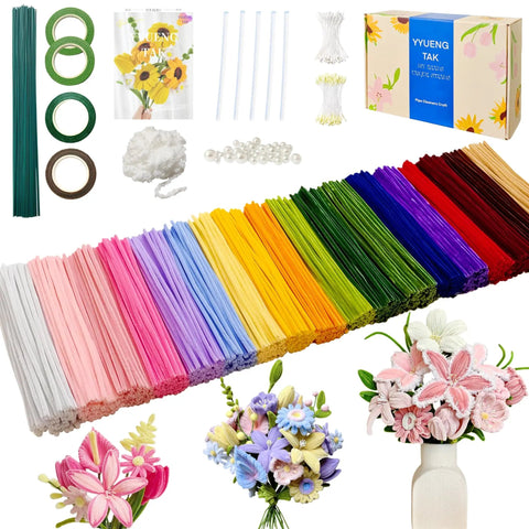 1000-Piece Pipe Cleaner Flower Kit With 18 Color Chenille Stems Complete Accessory Set And Instructions DIY project supplies