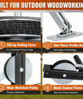 Chainsaw Mill Winch Kit With Lever Arm Anchor System showing tension rope, profile bar, pulley, and black finish details