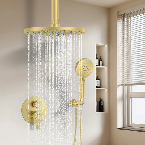 High Pressure Shower System With 12 Inch Rain Shower Head, Handheld Shower, Chrome Ceiling Mounted Set, Brass Valve Included