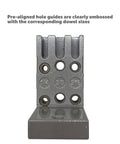 Pro Doweling Kit With Pre-Aligned Hole Guides And Hardened Steel Bushings For Uniform Joints, front view showing hole sizes