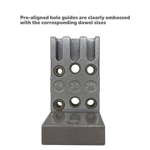 Pro Doweling Kit With Pre-Aligned Hole Guides And Hardened Steel Bushings For Uniform Joints, front view showing hole sizes