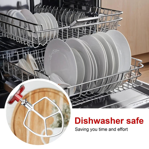 Coated Flat Beater For 6 Quart Bowl-Lift Stand Mixer Replacement shown as dishwasher safe next to loaded dishwasher rack.