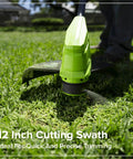 Tackle Stubborn Weeds Fast With This Heavy Duty 24V Brushless String Trimmer And 270 Cfm Electric Leaf Blower Combo Plus Reliable 20 Ah Battery Pack For Epic Yard Hustle. Close-up of 12-inch cutting swath on trimmer in grass.